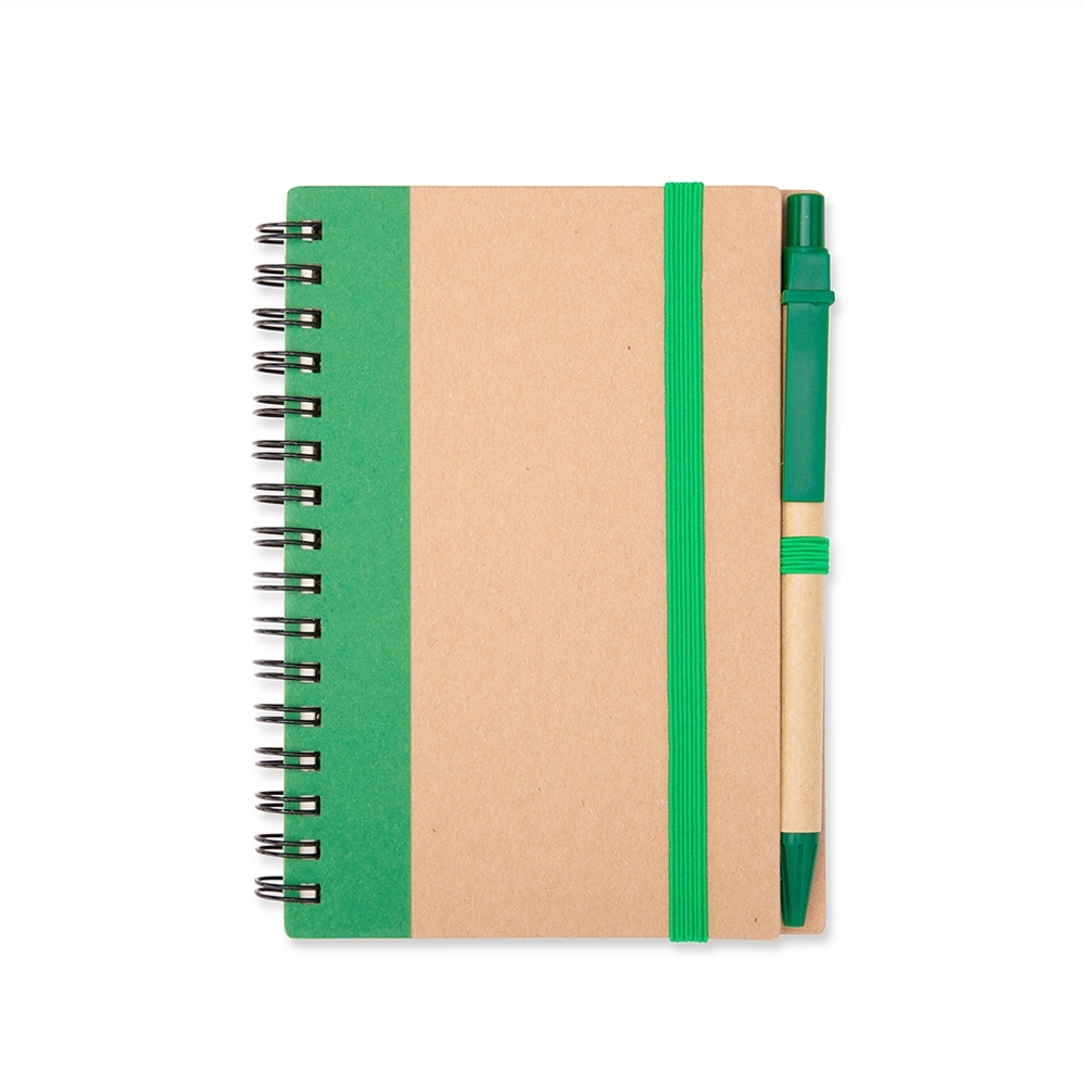 Caderno ecológico pautado com caneta e espiral personalizado com a logo da empresa, na cor verde