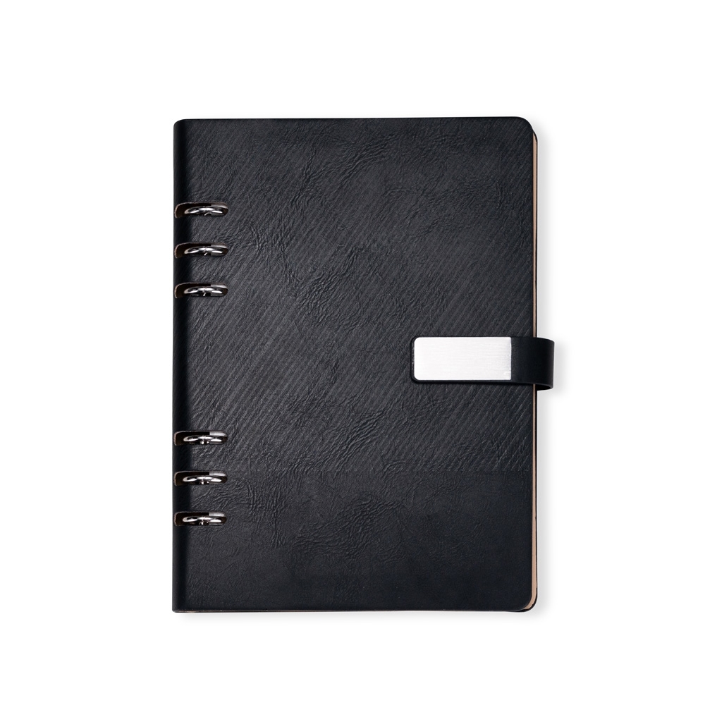 Caderno fichário couro sintético texturizado com porta-caneta na cor Preto, personalizado com a logo da empresa