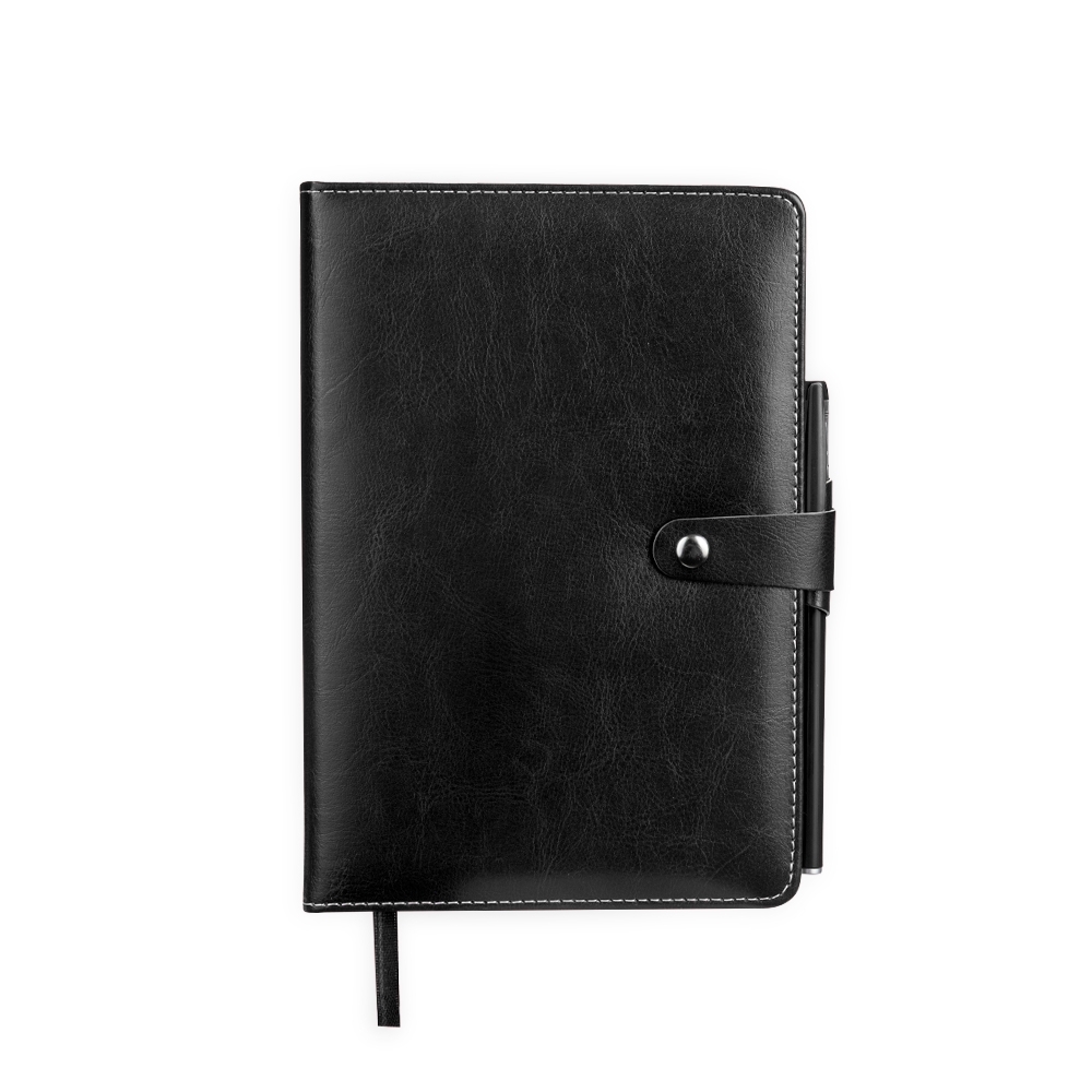 Caderneta couro sintético com caneta e 112 folhas na cor Preto, personalizada com a logo da empresa