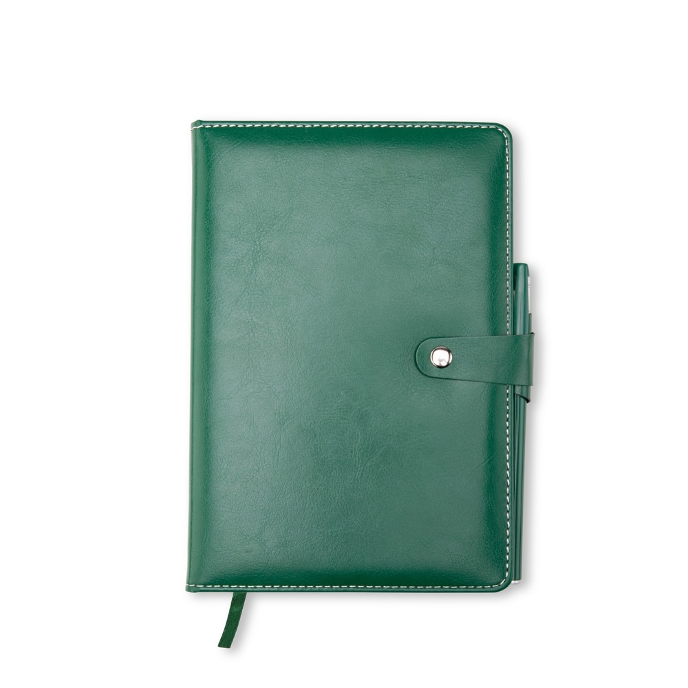 Caderneta couro sintético com caneta e 112 folhas personalizada com a logo da empresa, na cor verde