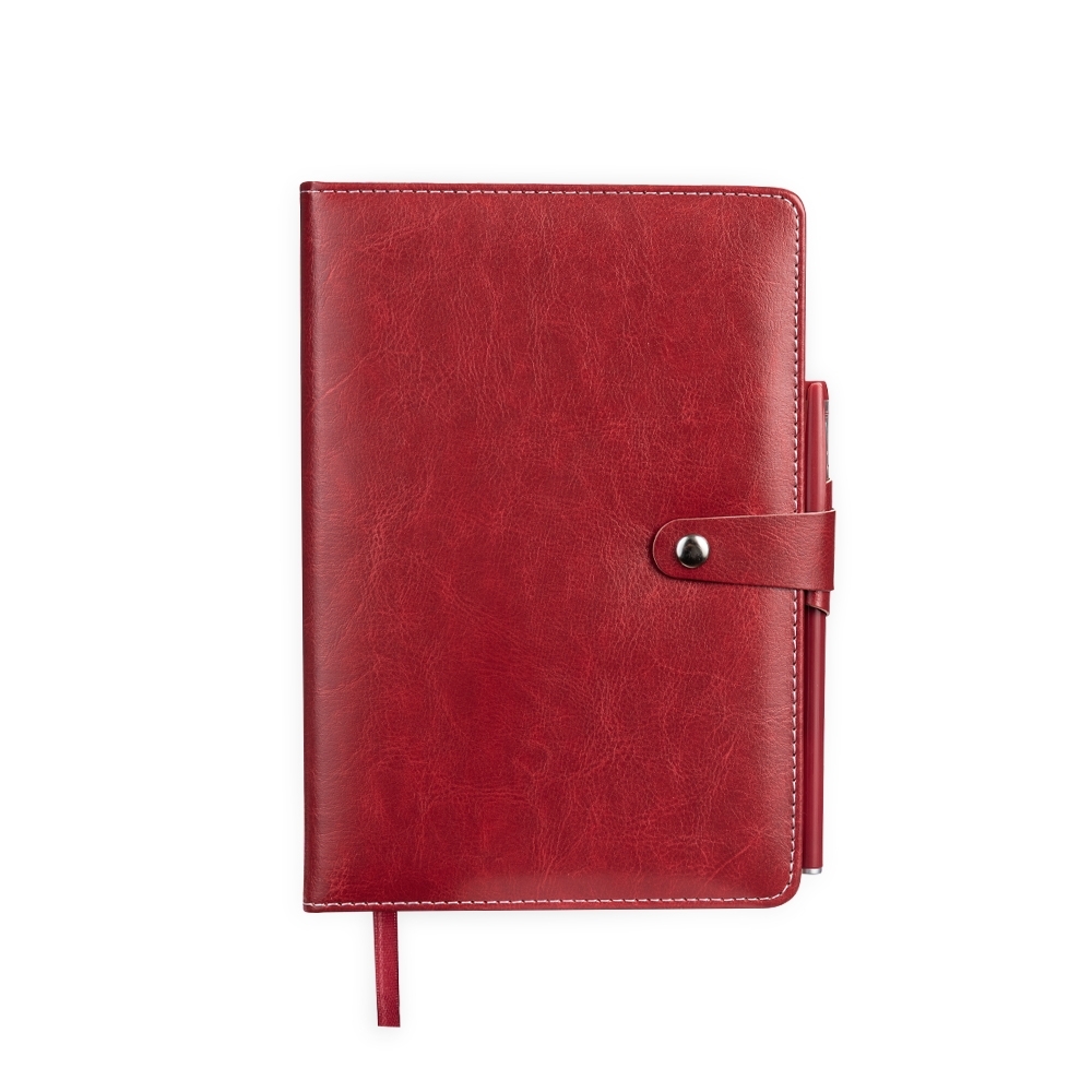 Caderneta couro sintético com caneta e 112 folhas personalizada com a logo da empresa, na cor vermelho