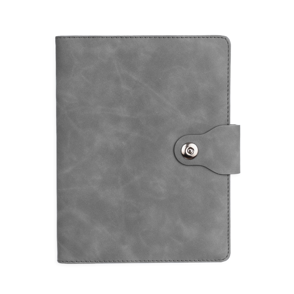 Caderno fichário PU com porta-caneta personalizado com a logo da empresa, na cor cinza