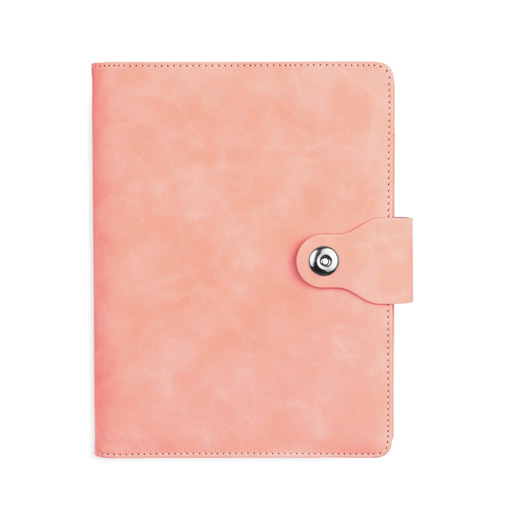 Caderno fichário PU com porta-caneta personalizado com a logo da empresa, na cor rosa