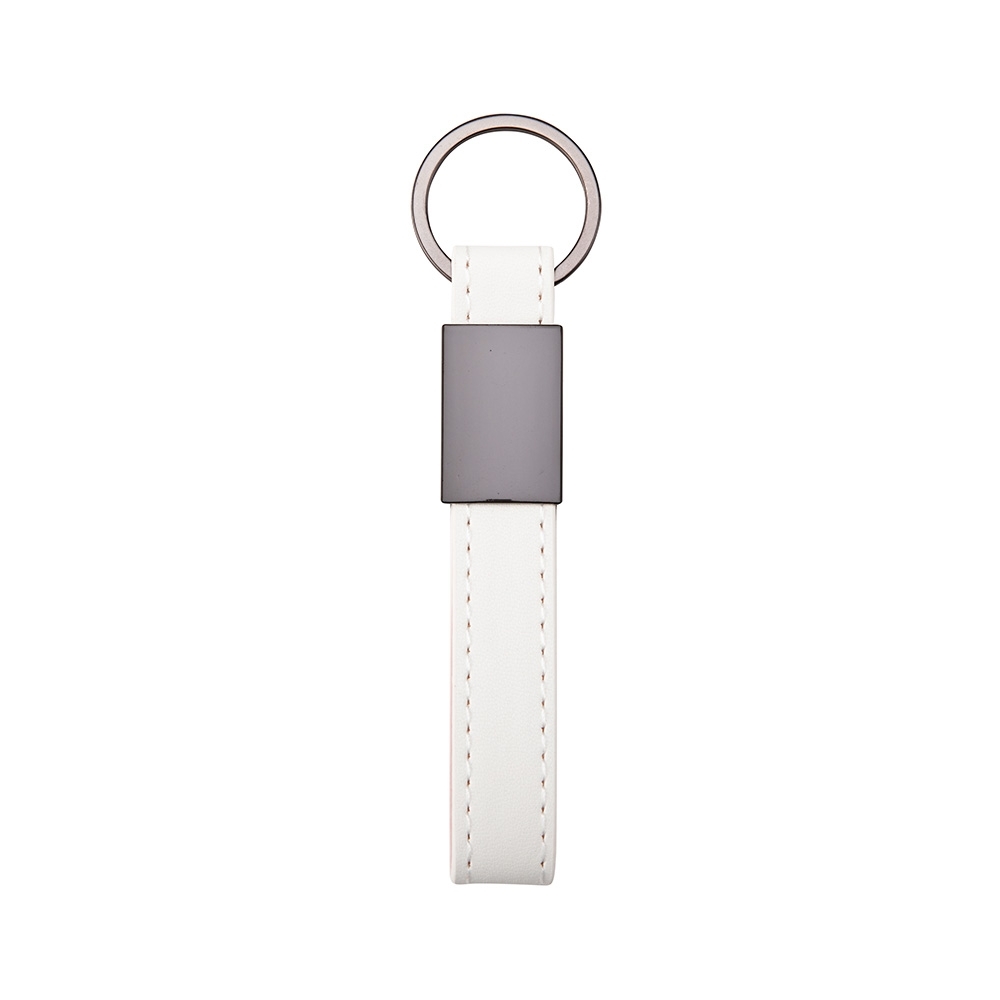 Chaveiro de metal com couro sintético personalizado com a logo da empresa, na cor branco