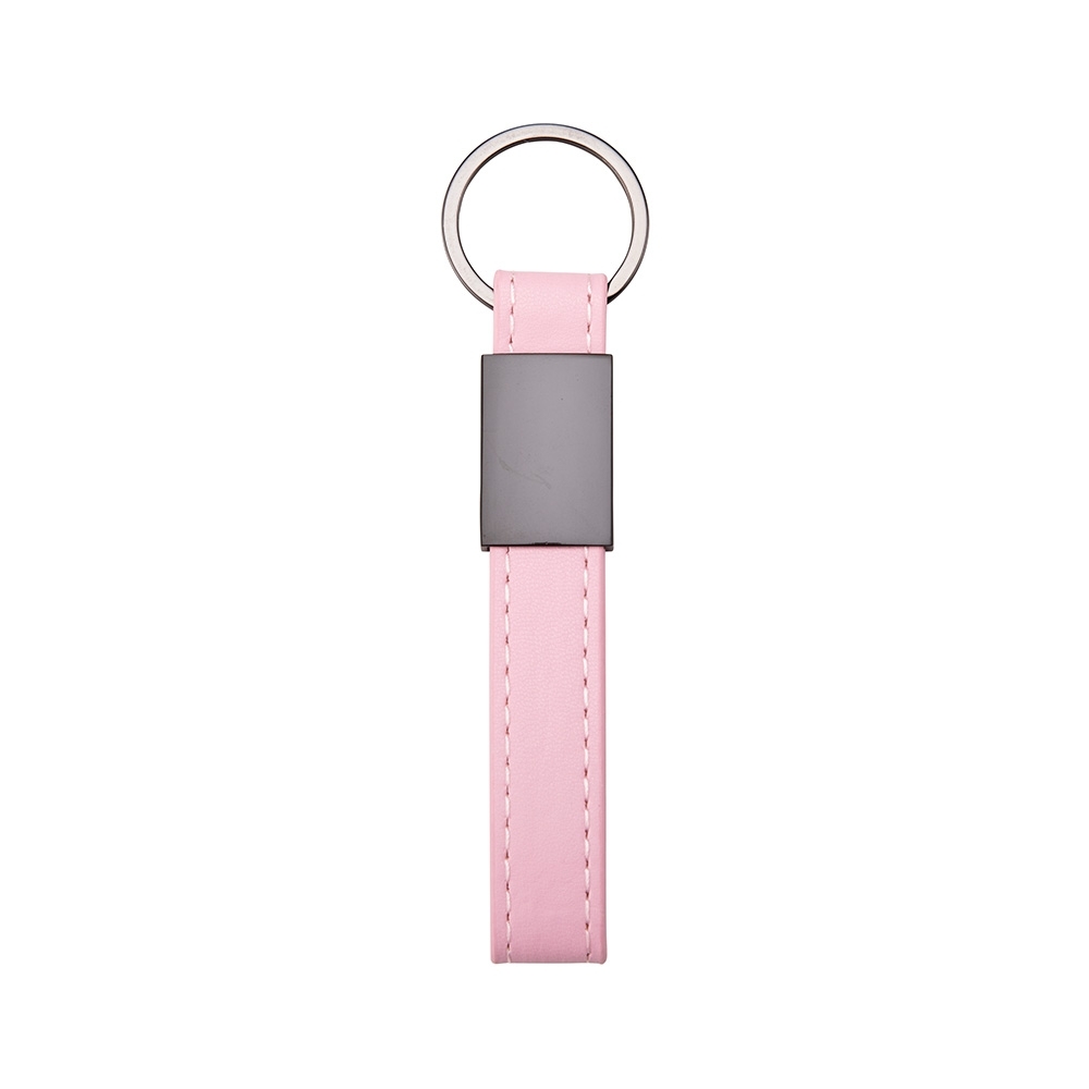 Chaveiro de metal com couro sintético personalizado com a logo da empresa, na cor rosa