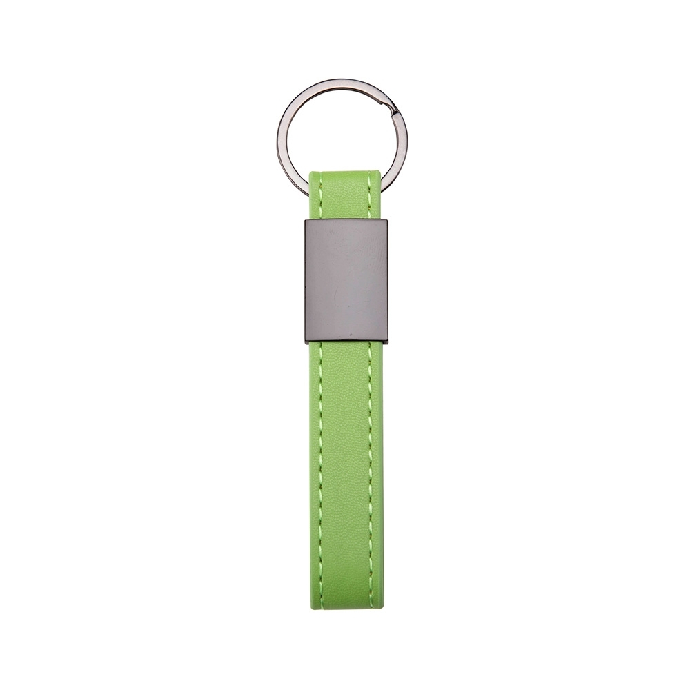 Chaveiro de metal com couro sintético personalizado com a logo da empresa, na cor verde