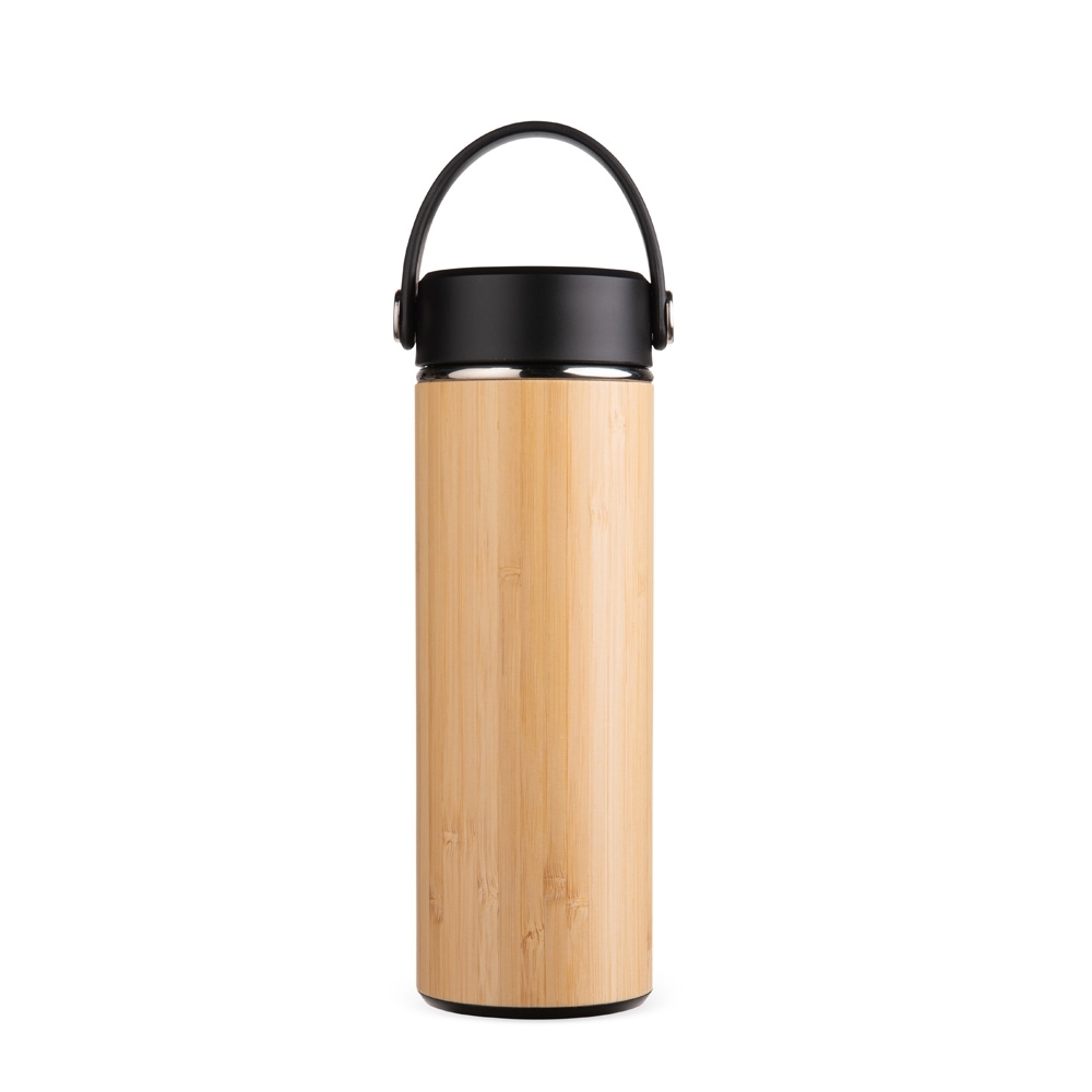Garrafa térmica de bambu 400 ml com infusor e alça na tampa personalizada com a logo da empresa