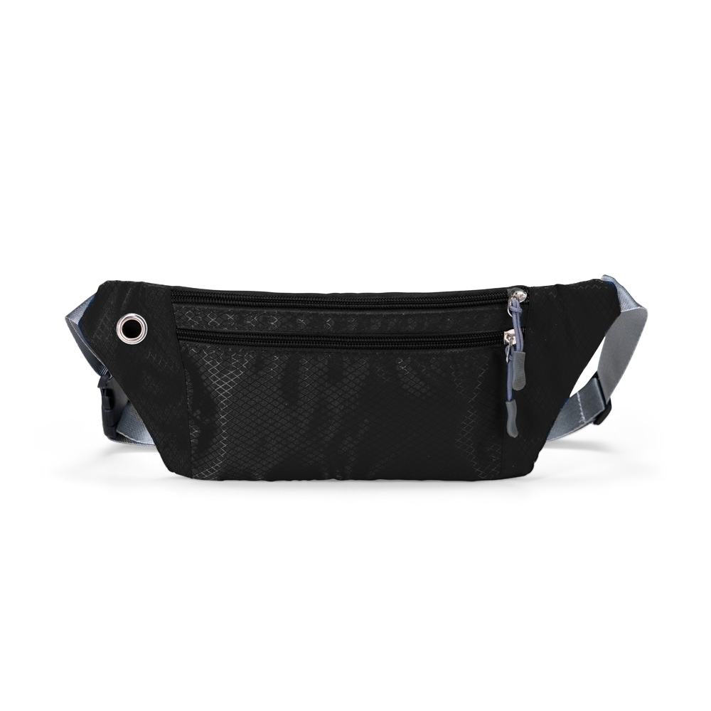 Pochete antifurto de poliéster com 3 compartimentos na cor Preto, personalizada com a logo da empresa