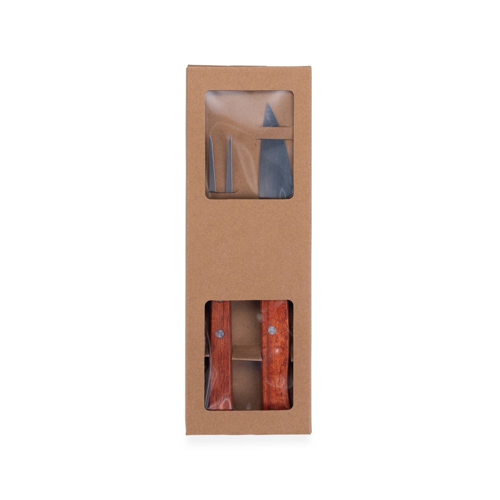 Kit churrasco 2 peças com cabo de madeira e embalagem com visor personalizado com a logo da empresa