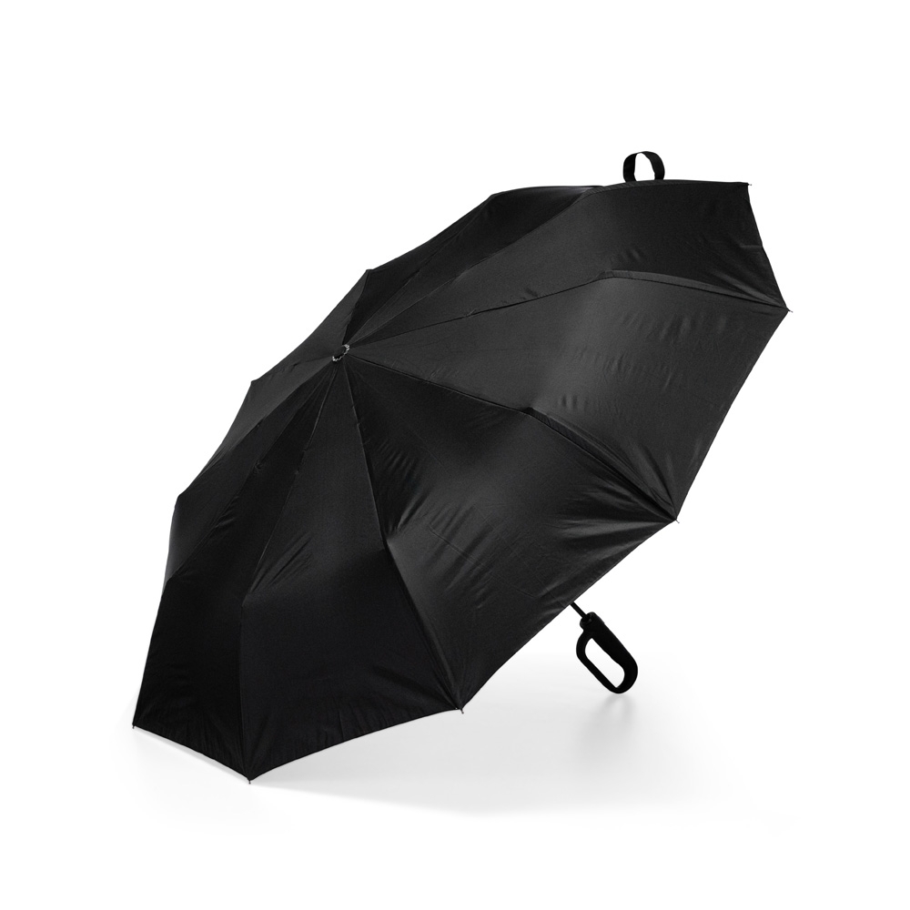 Guarda-chuva automático dobrável com 10 varetas e cabo mosquetão na cor Preto, personalizado com a logo da empresa