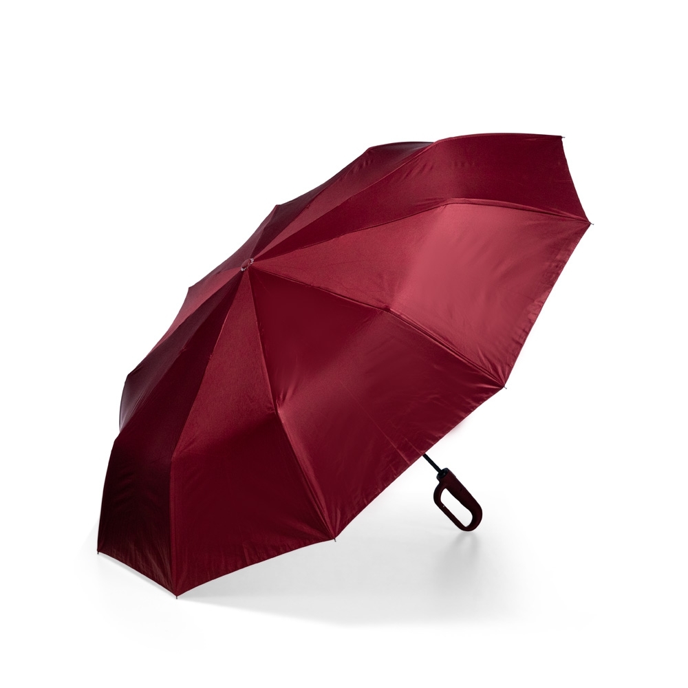 Guarda-chuva automático dobrável com 10 varetas e cabo mosquetão personalizado com a logo da empresa, na cor vinho