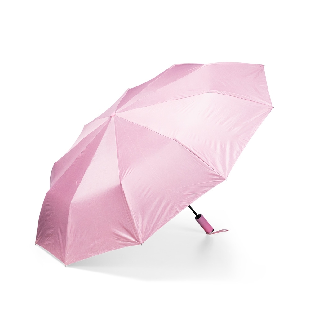 Guarda-chuva automático dobrável com 10 varetas e alça de mão personalizado com a logo da empresa, na cor rosa