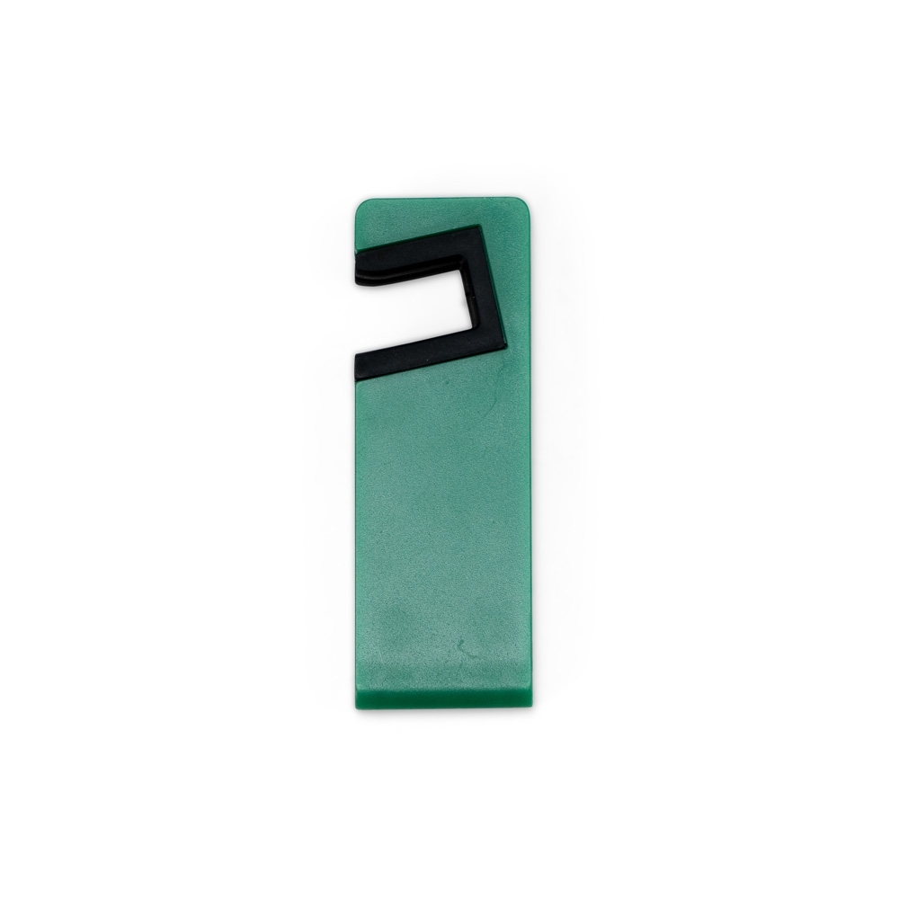 Suporte dobrável de plástico para celular na cor Verde, personalizado com a logo da empresa