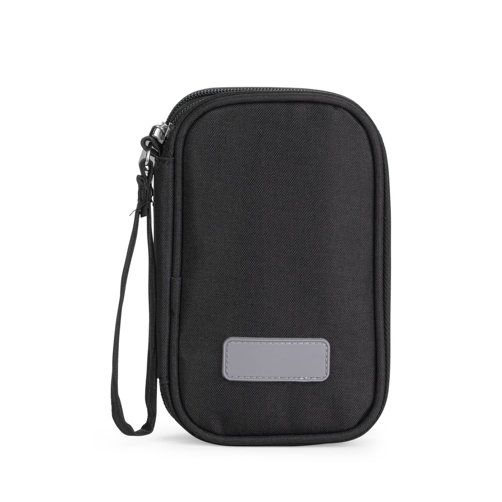 Estojo organizador para acessórios eletrônicos com 2 compartimentos na cor Preto, personalizado com a logo da empresa