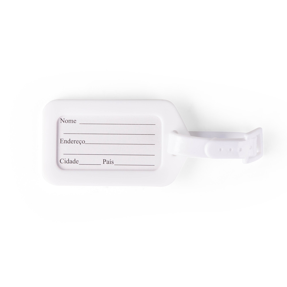 Tag identificador de bagagem de plástico na cor Branco, com a logo da empresa