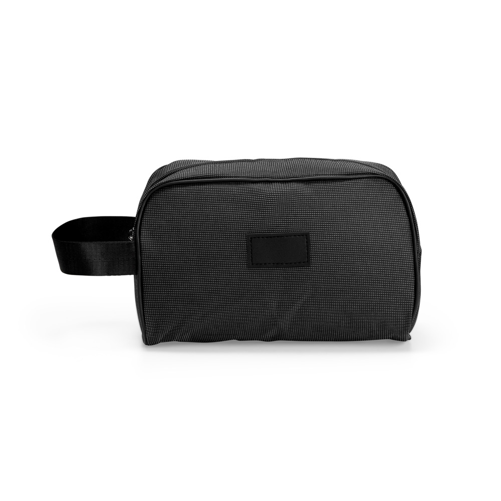 Nécessaire oxford impermeável (17 x 25 x 9,5 cm) na cor Cinza escuro, personalizada com a logo da empresa