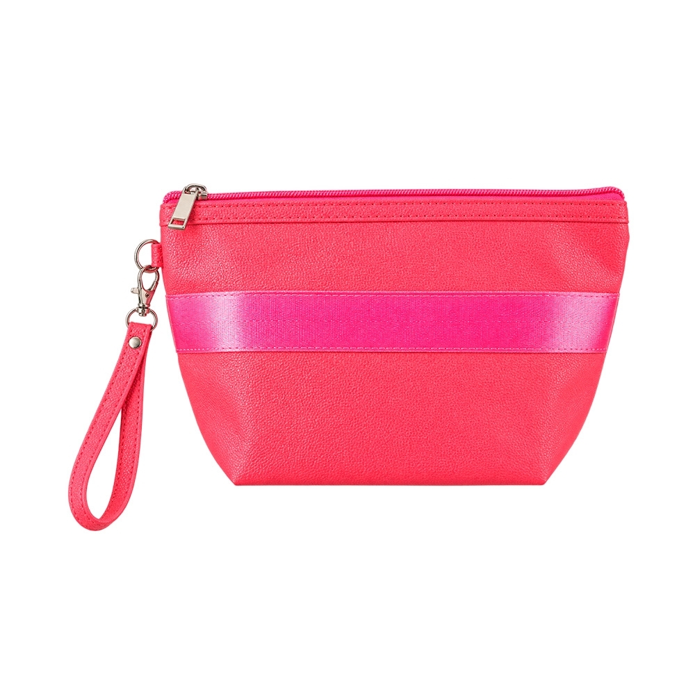 Nécessaire PU impermeável (14 x 22,5 x 7 cm) personalizada com a logo da empresa, na cor rosa escuro