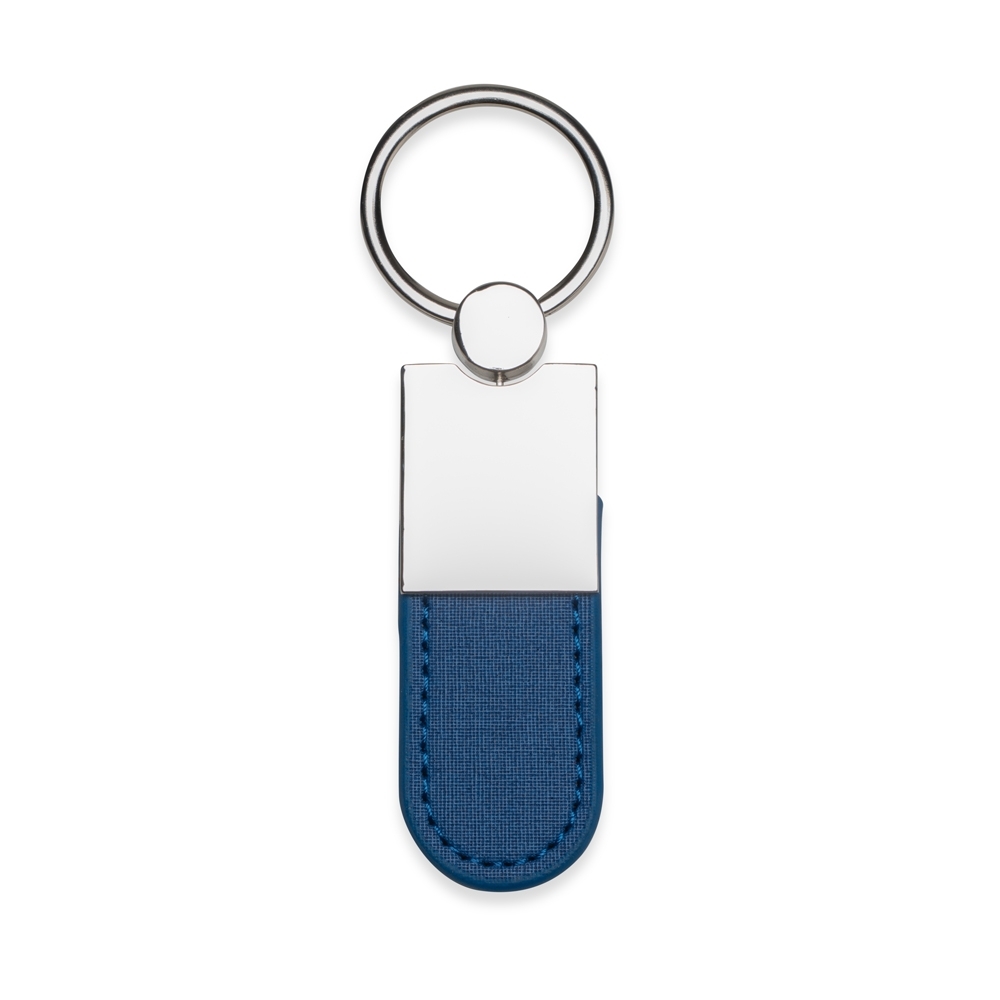 Chaveiro de metal com tira arredondada de PU personalizado com a logo da empresa, na cor azul / prata