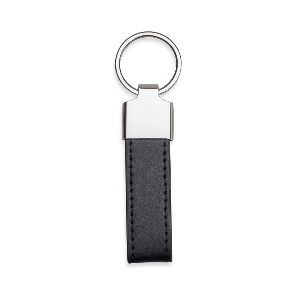 Chaveiro de metal com aba reta de PU na cor Preto / Prata, personalizado com a logo da empresa