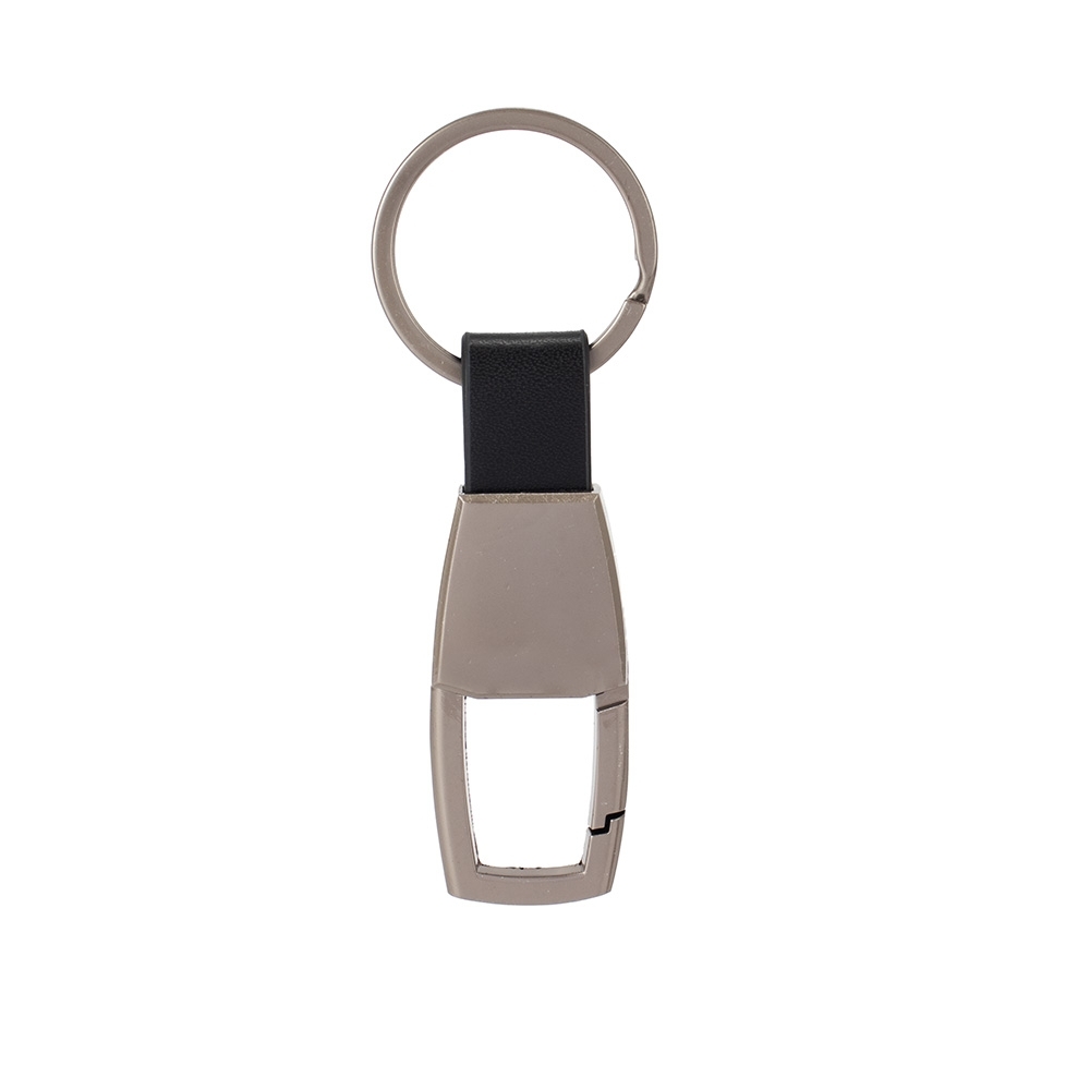 Chaveiro de metal com alça de couro sintético e mosquetão personalizado com a logo da empresa
