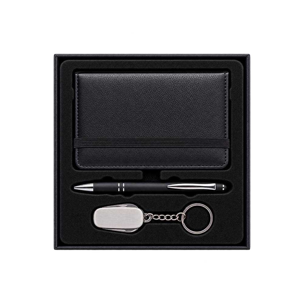 Kit executivo com 3 peças na cor Preto, personalizado com a logo da empresa