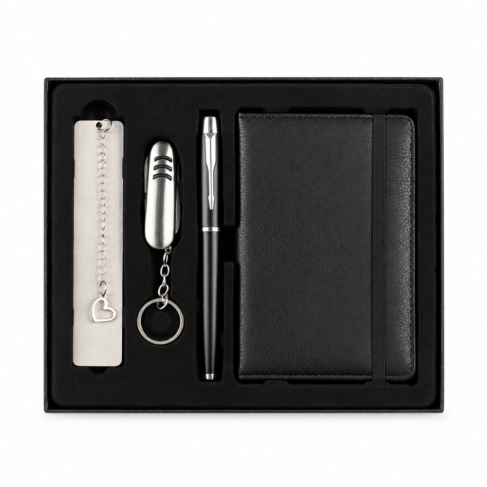 Kit executivo 4 peças na cor Preto, personalizado com a logo da empresa