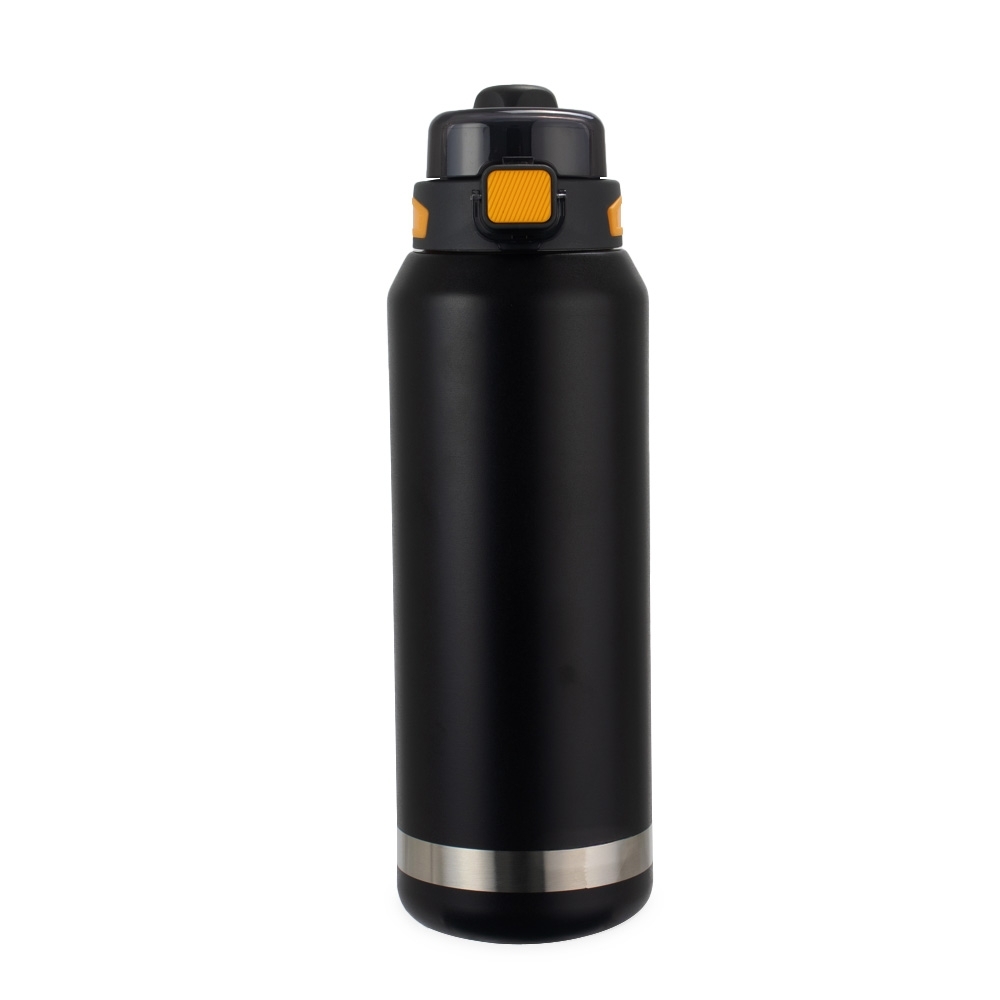 Garrafa térmica 1,5 litro na cor Preto / Laranja, personalizada com a logo da empresa