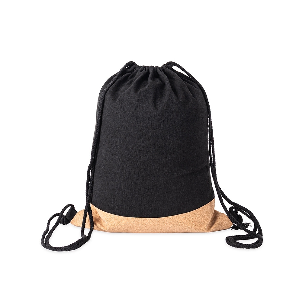 Mochila saco de lona e cortiça impermeável na cor Preto, personalizada com a logo da empresa