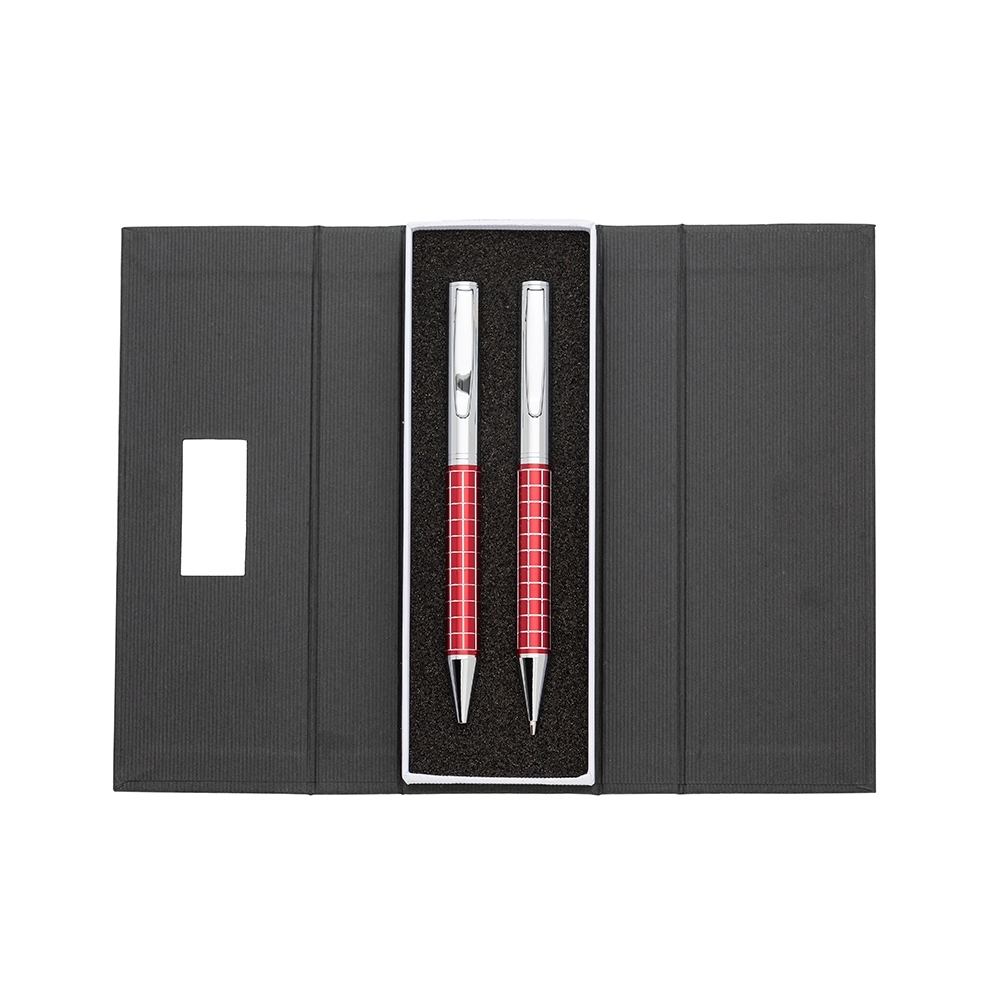 Kit caneta e lapiseira de metal personalizado com a logo da empresa, na cor vermelho