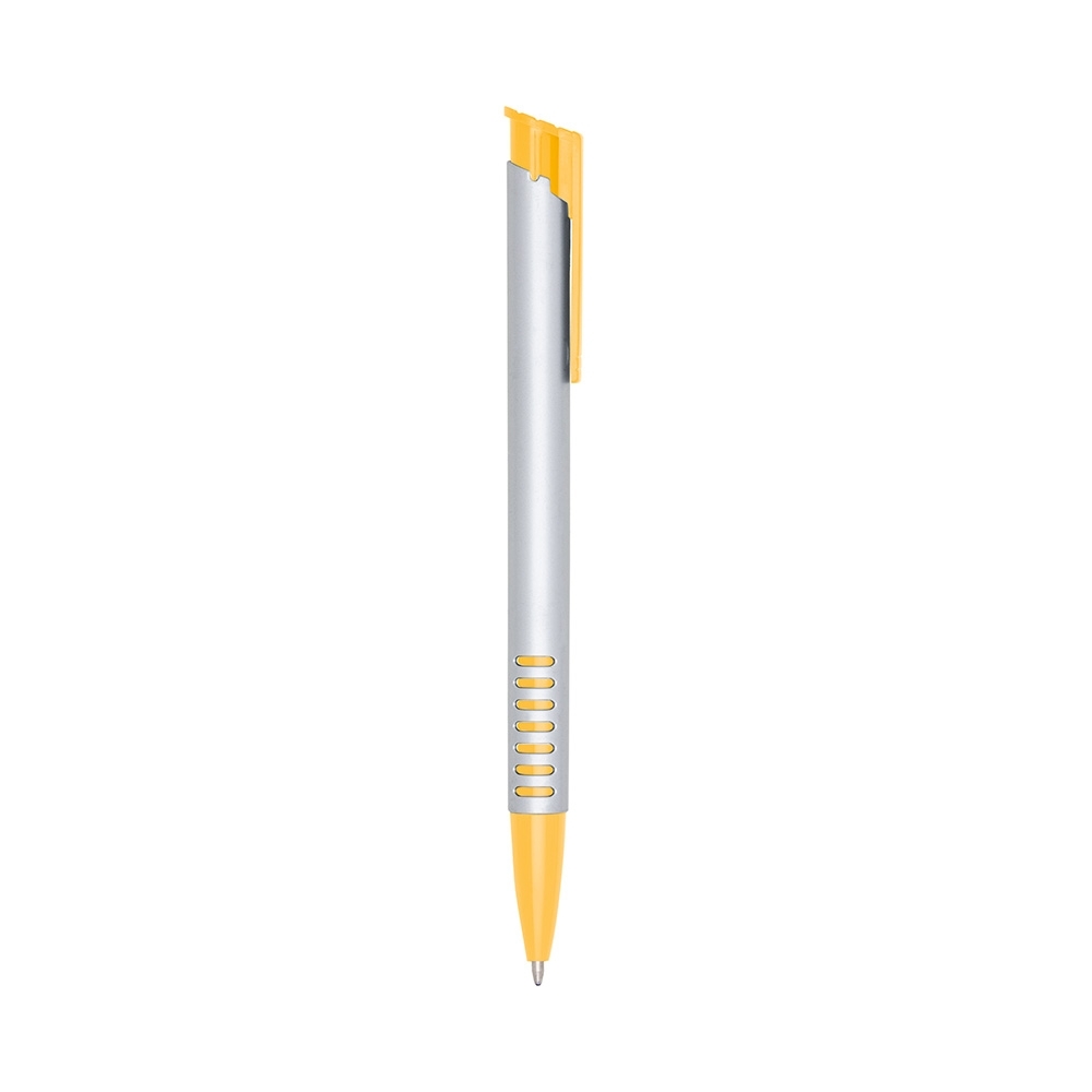 Caneta plástica de corpo prateado com pega frisada colorida personalizada com a logo da empresa, na cor amarelo