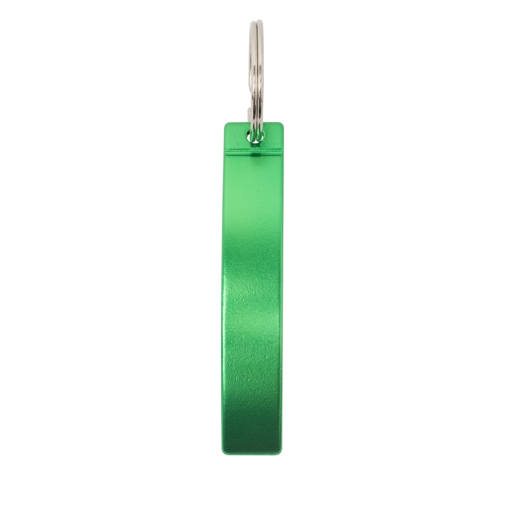Chaveiro abridor de metal retangular brilhante personalizado com a logo da empresa, na cor verde