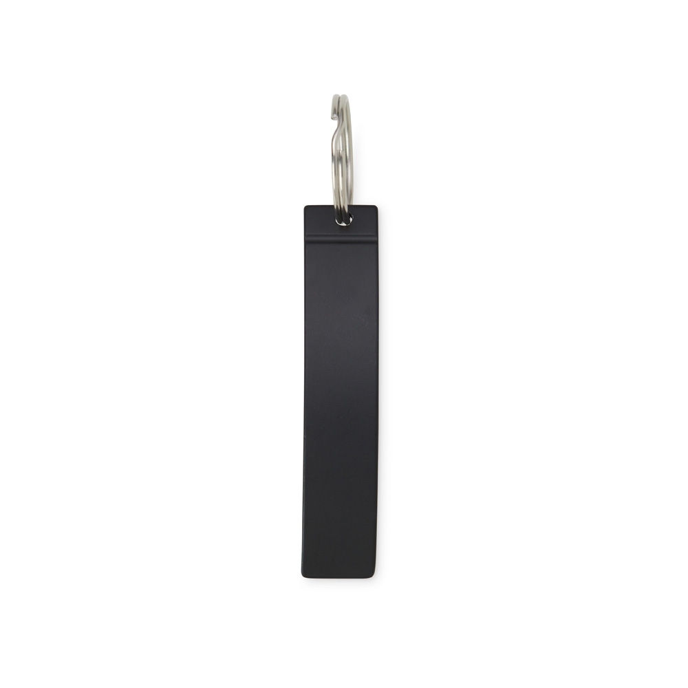 Chaveiro abridor de metal retangular fosco na cor Preto fosco, personalizado com a logo da empresa