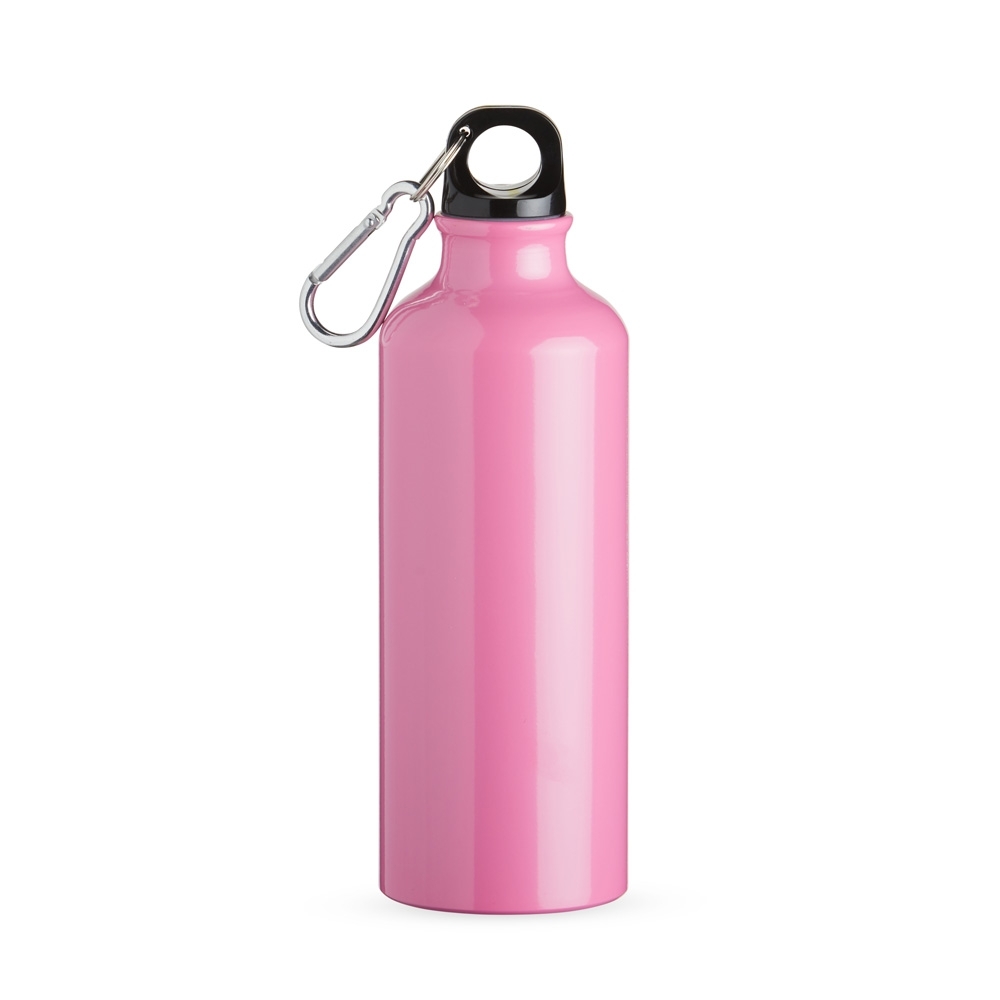 Squeeze de alumínio 500 ml personalizado com a logo da empresa, na cor rosa claro / preto