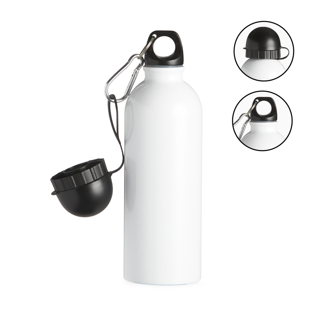 Squeeze inox 500 ml metalizado com bico e mosquetão personalizado com a logo da empresa, na cor branco / preto