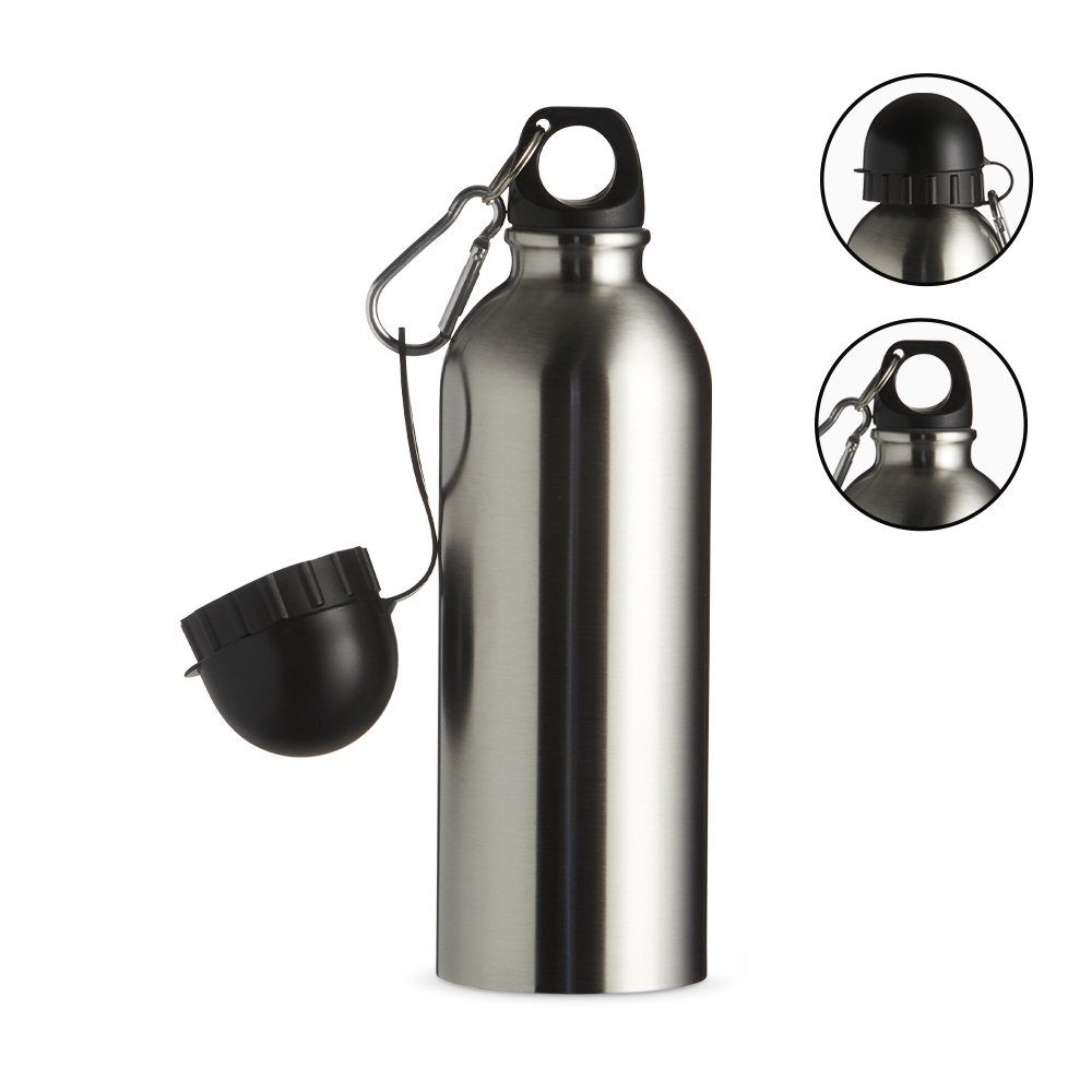 Squeeze inox 500 ml metalizado com bico e mosquetão personalizado com a logo da empresa, na cor inox / preto