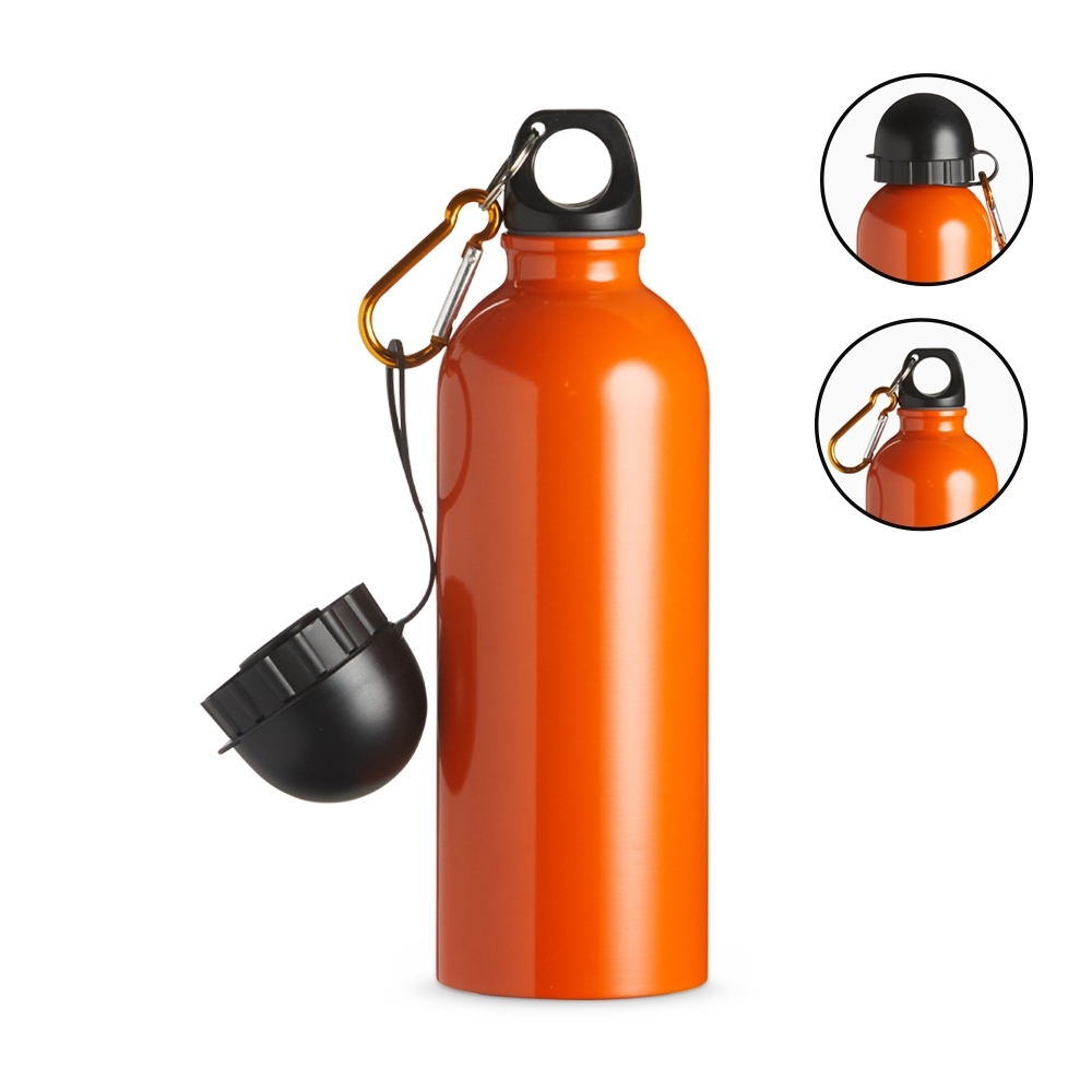 Squeeze inox 500 ml metalizado com bico e mosquetão personalizado com a logo da empresa, na cor laranja / preto