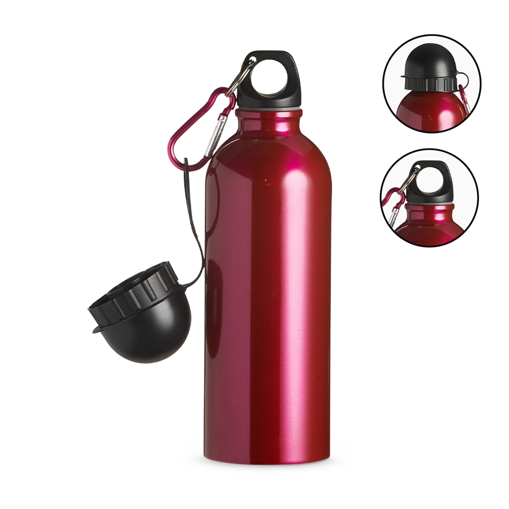 Squeeze inox 500 ml metalizado com bico e mosquetão personalizado com a logo da empresa, na cor rosa / preto