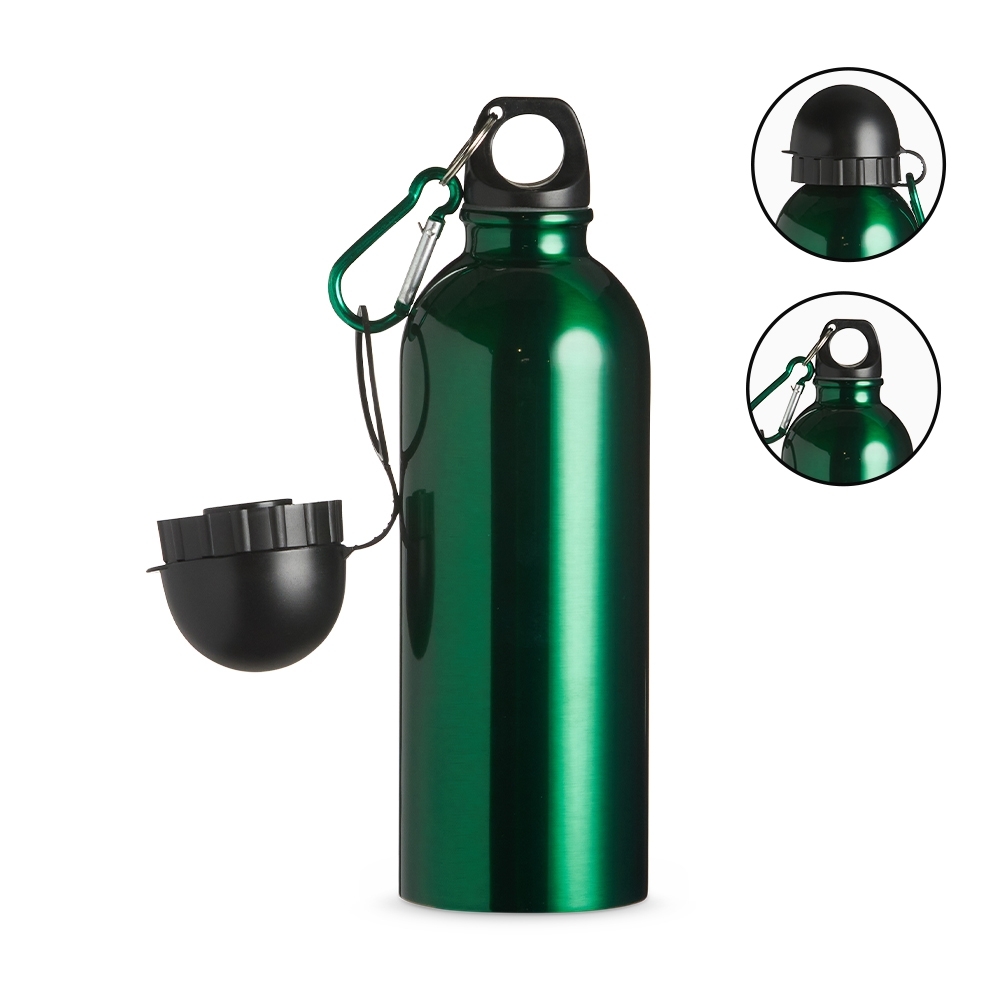 Squeeze inox 500 ml metalizado com bico e mosquetão personalizado com a logo da empresa, na cor verde / preto