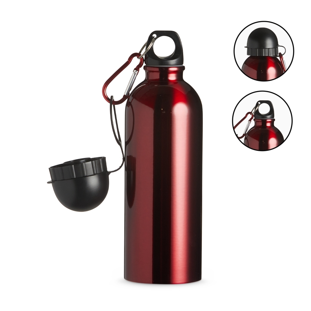 Squeeze inox 500 ml metalizado com bico e mosquetão personalizado com a logo da empresa, na cor vermelho / preto