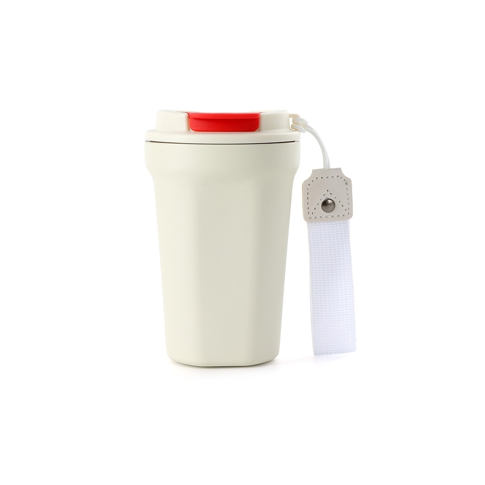 Copo térmico inox 350 ml com alça personalizado com a logo da empresa, na cor bege