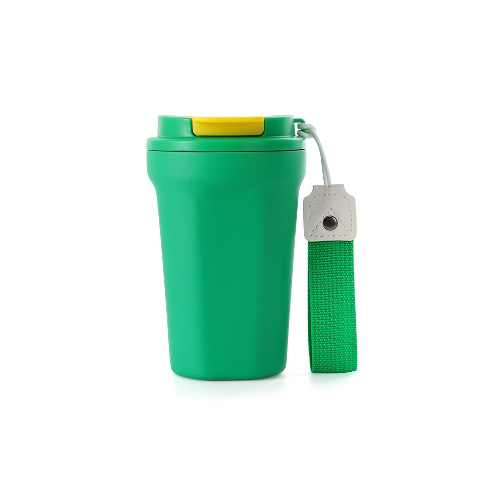 Copo térmico inox 350 ml com alça personalizado com a logo da empresa, na cor verde