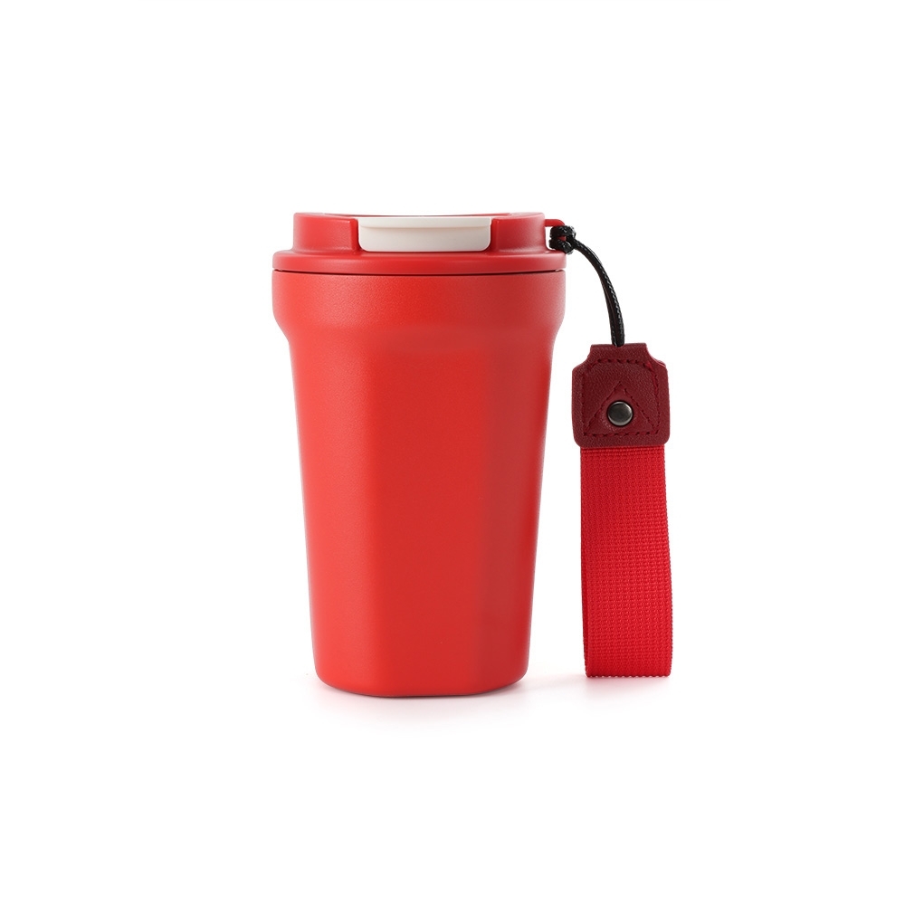 Copo térmico inox 350 ml com alça personalizado com a logo da empresa, na cor vermelho