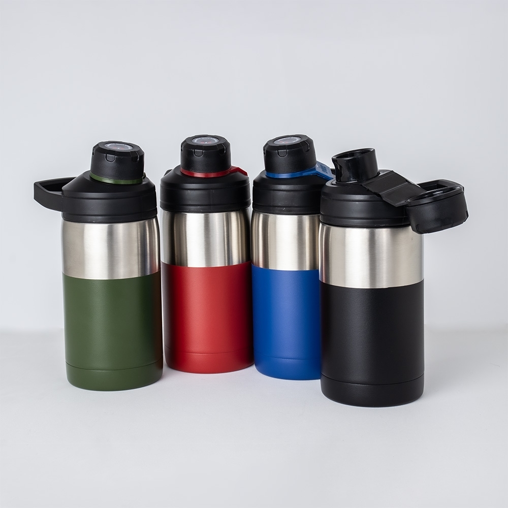 Garrafa térmica 350 ml com alça na cor Azul / Inox, personalizada com a logo da empresa