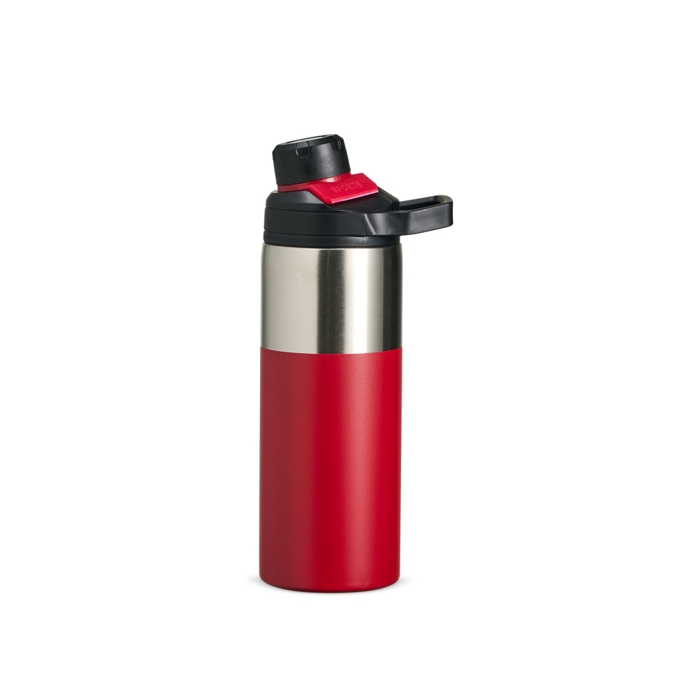 Garrafa térmica 550 ml com alça na cor Vermelho / Inox, personalizada com a logo da empresa