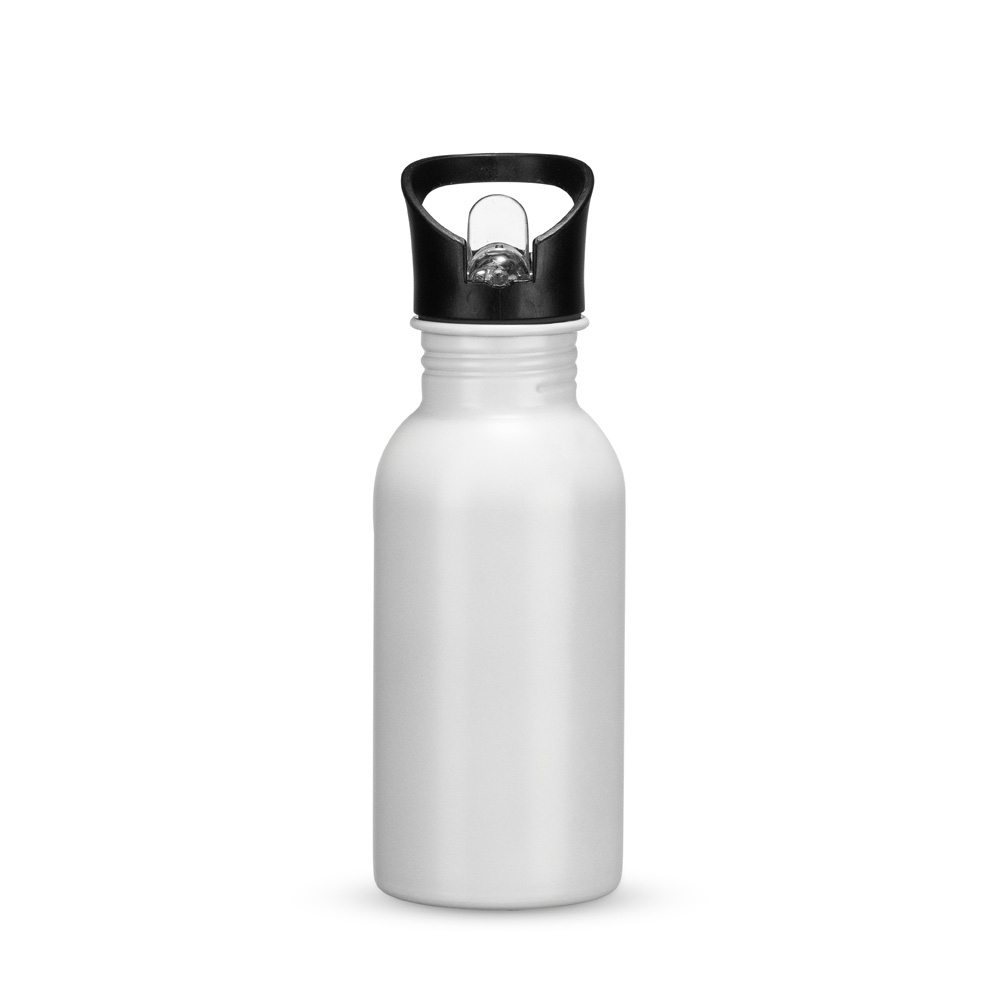 Squeeze inox 450 ml com canudo e alça personalizado com a logo da empresa, na cor branco