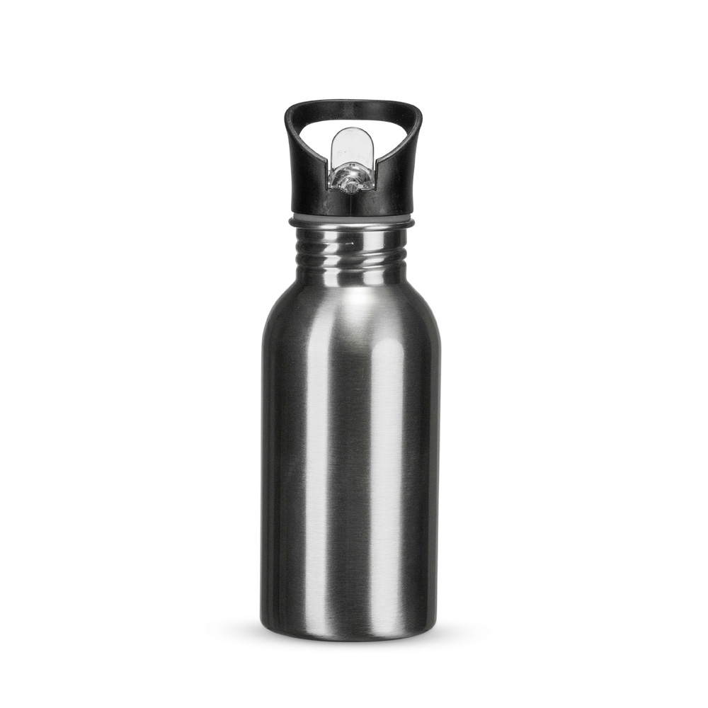 Squeeze inox 450 ml com canudo e alça personalizado com a logo da empresa, na cor inox