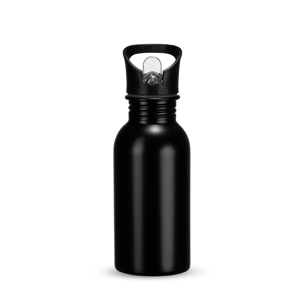 Squeeze inox 450 ml com canudo e alça na cor Preto, personalizado com a logo da empresa