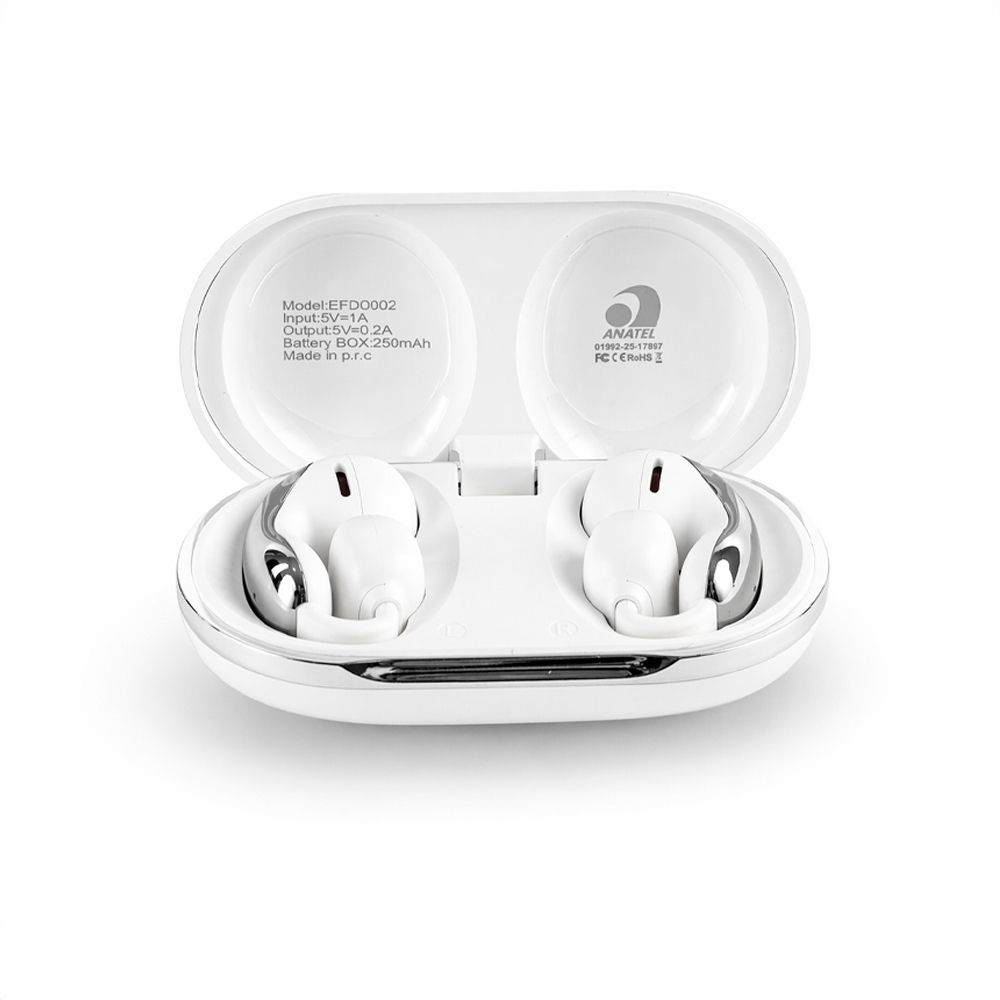 Fone de ouvido Bluetooth com case carregador personalizado com a logo da empresa, na cor branco