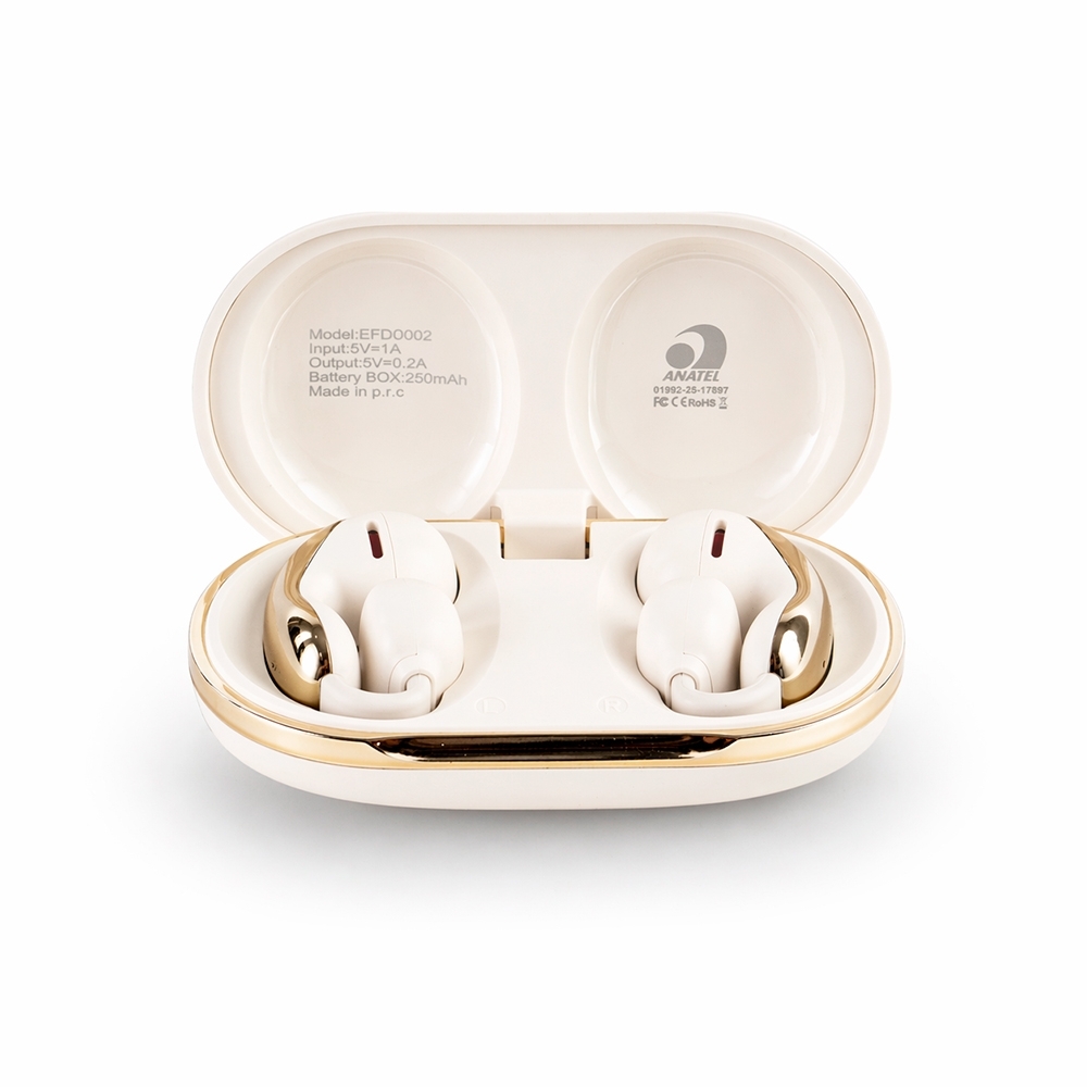 Fone de ouvido Bluetooth com case carregador personalizado com a logo da empresa, na cor bege