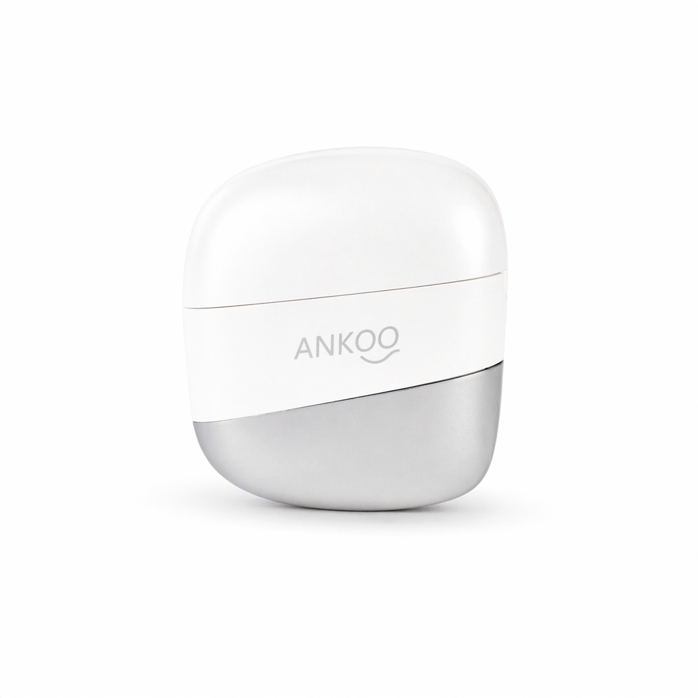 Fone de ouvido Bluetooth de gancho com case magnético e visor de carga personalizado com a logo da empresa, na cor branco